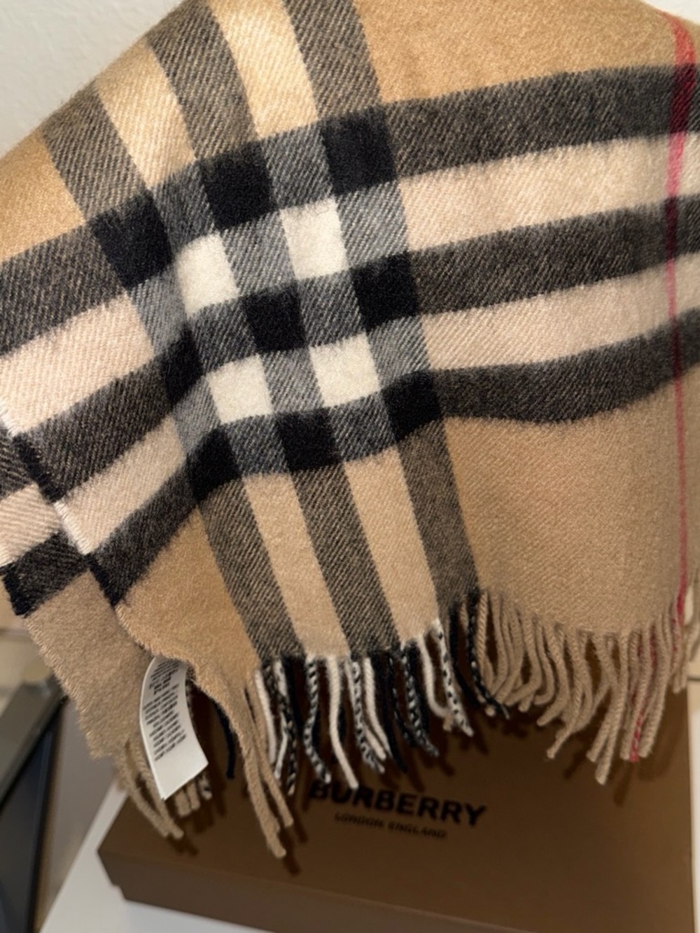 Burberry Men’s Classic Check Scarf - Beige with Black & Red Accents - Picture 2 of 2